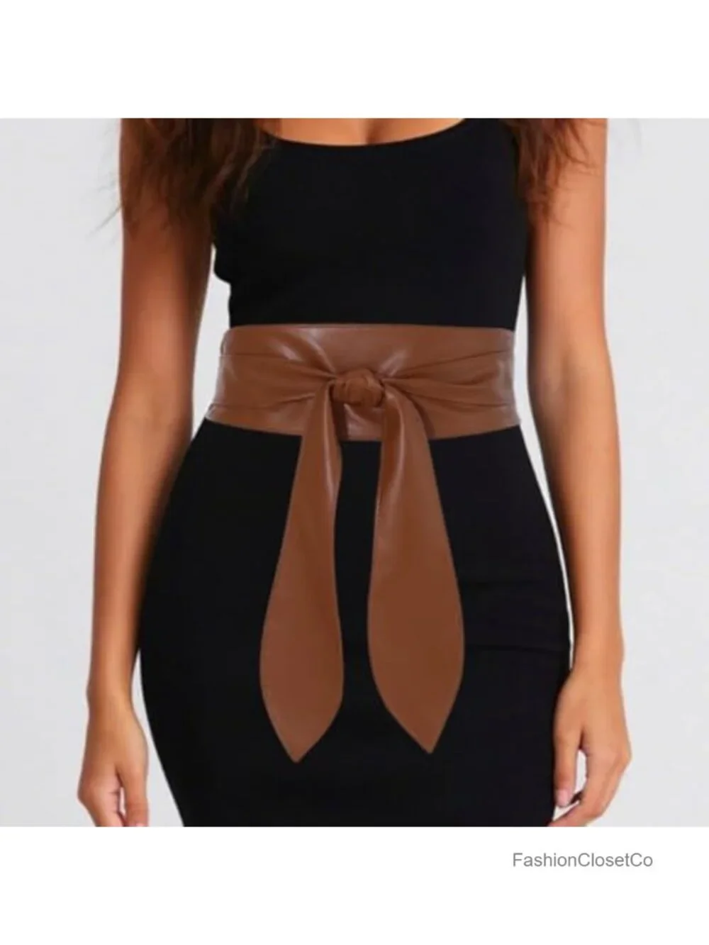 Wide Leather Wrap Belt with Knot Closure - Adjustable Obi Belt